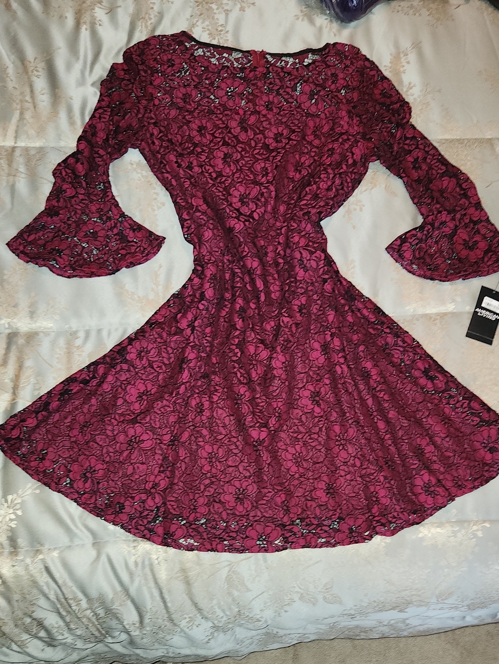 American Living Burgundy Floral Lace Long-Sleeve Fit & Flare Dress